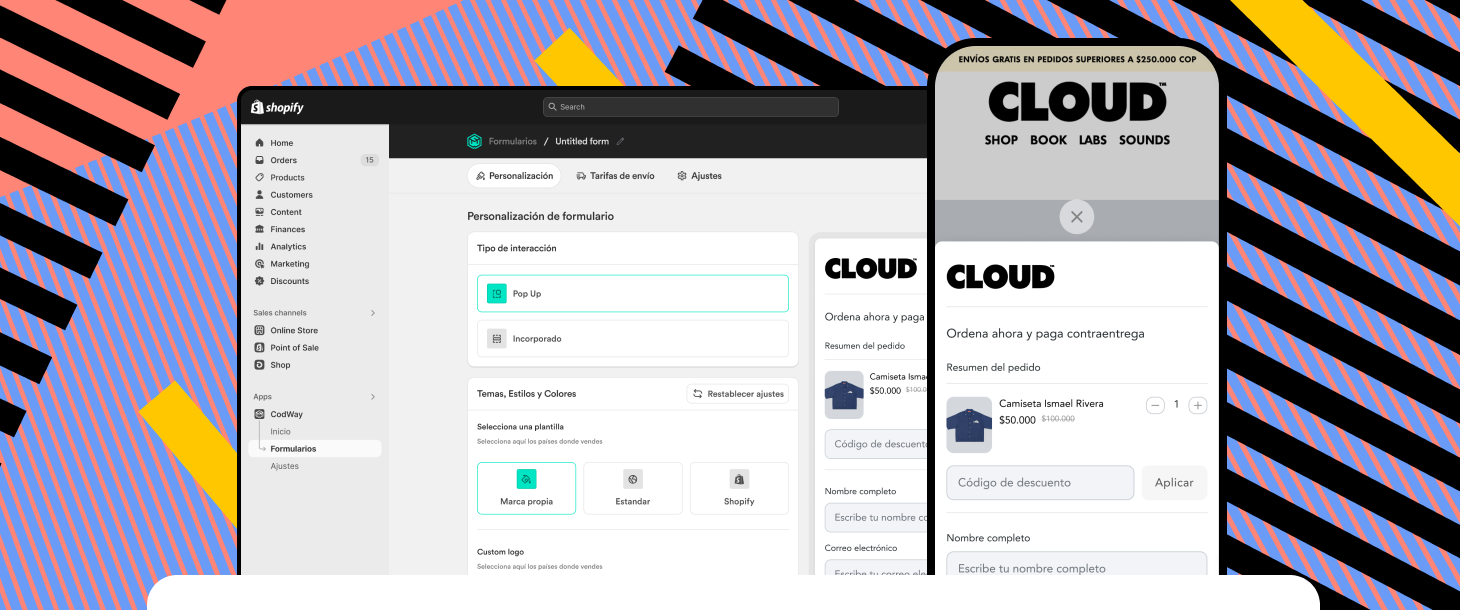 Panel de CodWay dentro de Shopify y checkout de pago contra entrega en el celular